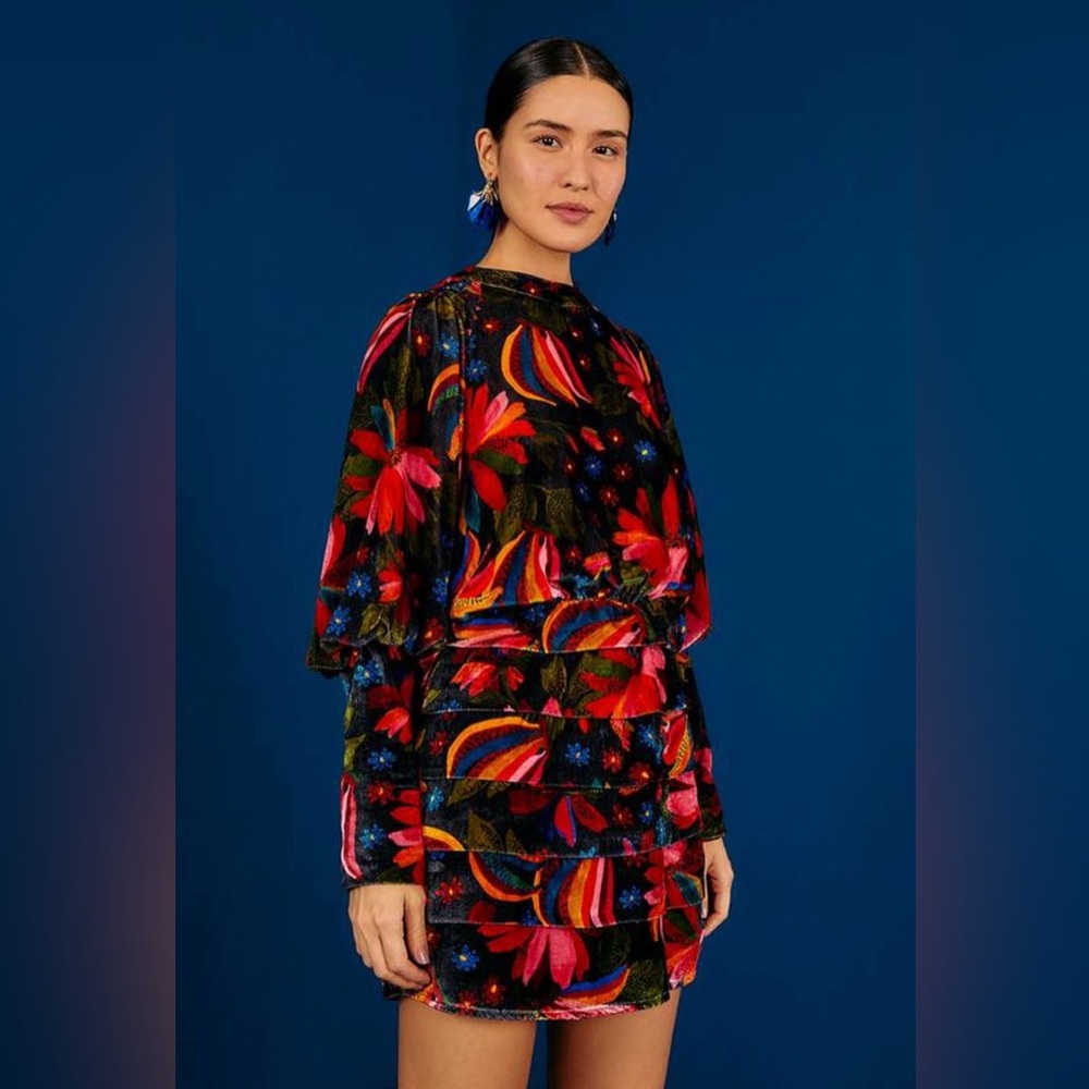 Farm Rio mini dress made from plush velvet printed with array of colorful blooms
